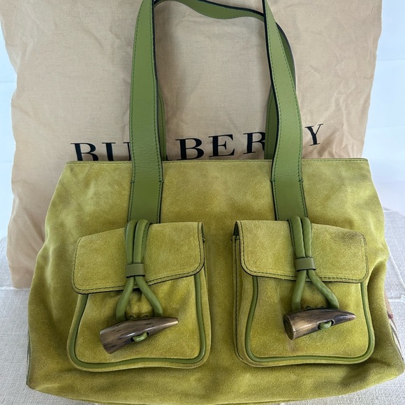 Burberry London Suede Haymarket Check Horn Toggle Shoulder Bag Green - Picture 4 of 15